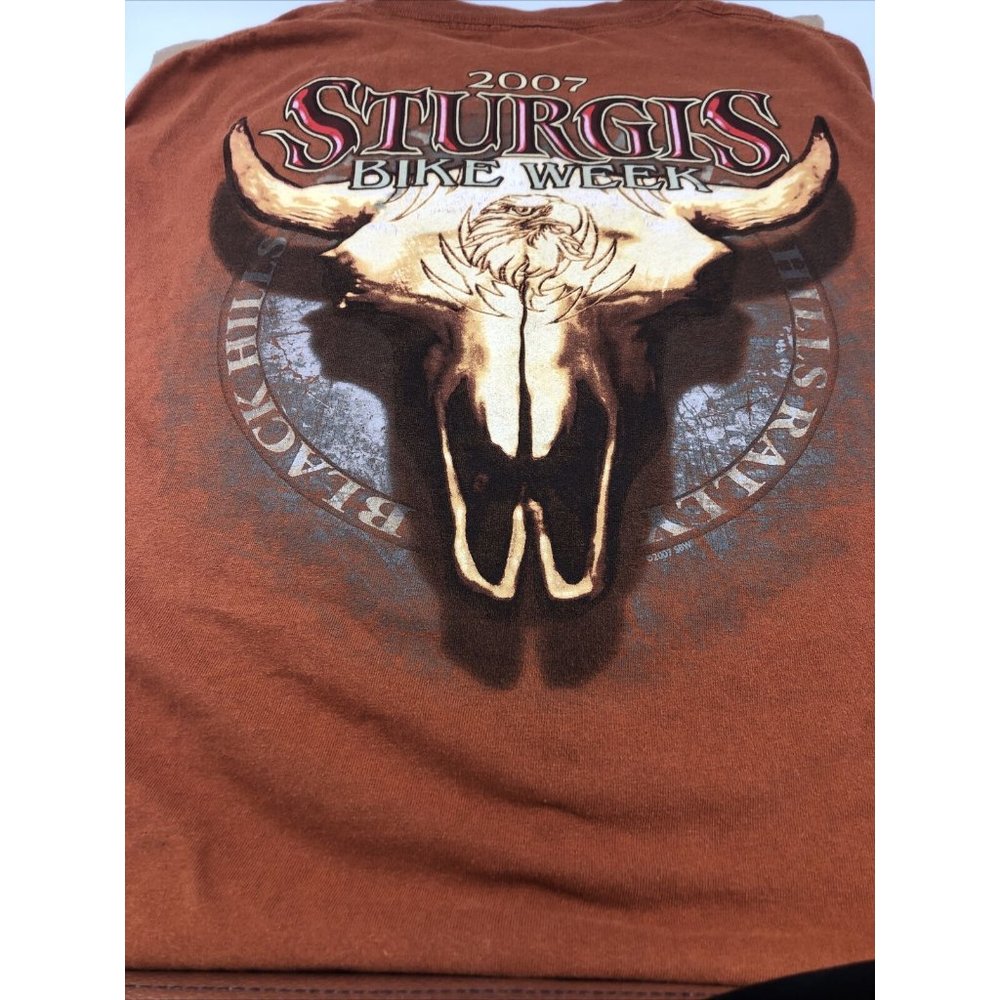 T Shirt Men XL Sturgis Black Hills Biker Rally 2007 Orange Cattle Skull & Eagle - Picture 2 of 12